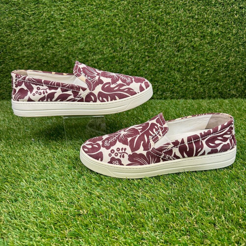 Prada Floral Slip-On Sneakers in White and Burgundy - Picture 6 of 9